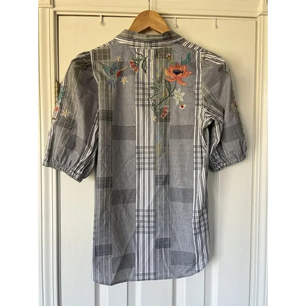 NWT JOHNNY WAS Jordan Lisbon Shirt S Grey Floral Embroidered Plaid 100% Cotton